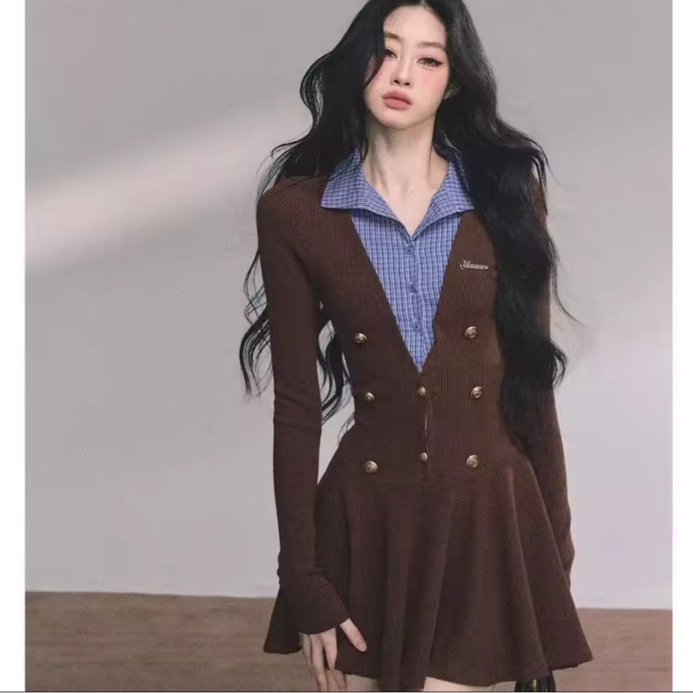 Mix media Brown Double-Breasted Dress with Blue gingham Collar